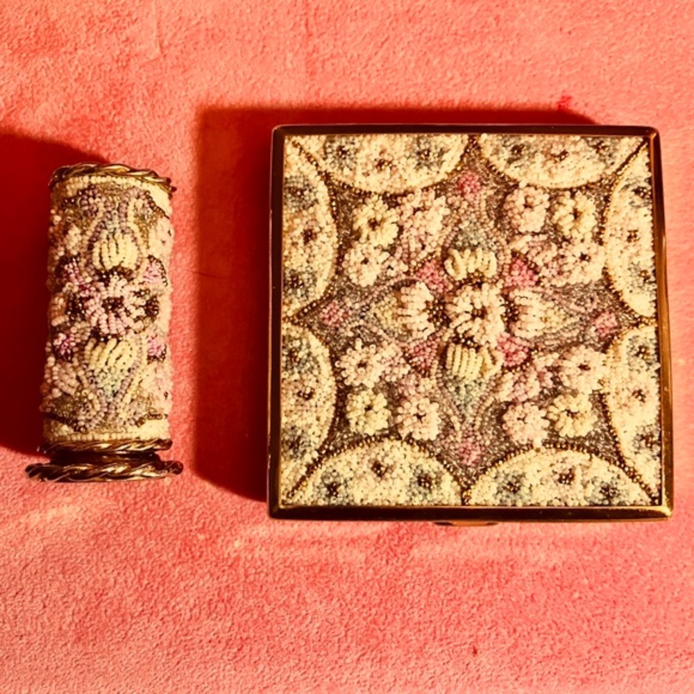 Vintage France Microbead Mosaic Compact & Lipstick Set Circa 1940s